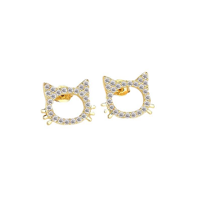 Japanese and Korean High-end Sense Plated Pure Silver Needle Earrings Female Cute Creative Cat Full Diamond Earrings Color-preserving Ear Jewelry 2026