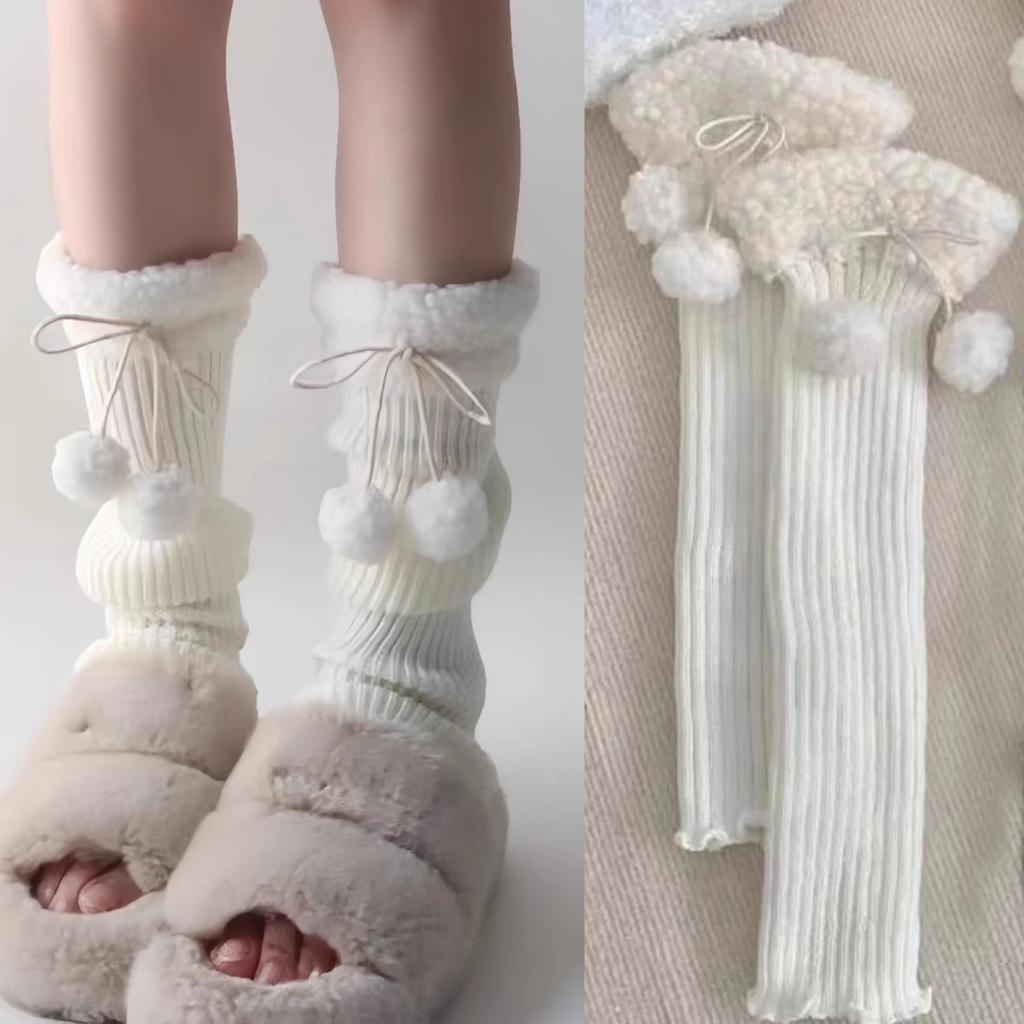 1pair Winter Warm Knitted Socks Lolita Warm Leg Knitted Socks Wool Ball Knitted Foot Covers Leg Warmers with Balls for Women