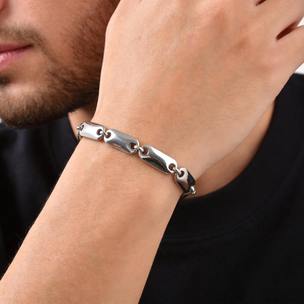 Vnox Silver Color Link Bracelets for Men, Stainless Steel Adjustable 18-23cm Length, Fashion Hip Hop Male Boy Wristband Dad Gift