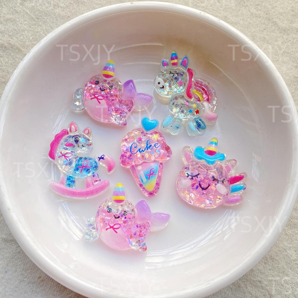 10PCS New Cartoon Colored Unicorn Horse, Ice Cream Flat Back Cabochon Stone Scrapbook DIY Decor Figurines Crafts Accessories