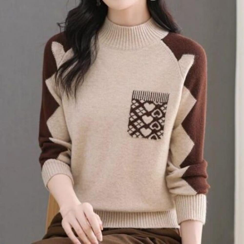 Navava Women Daily Heart Color Point Half Turtleneck Long Sleeve Knit Tee Nk3437