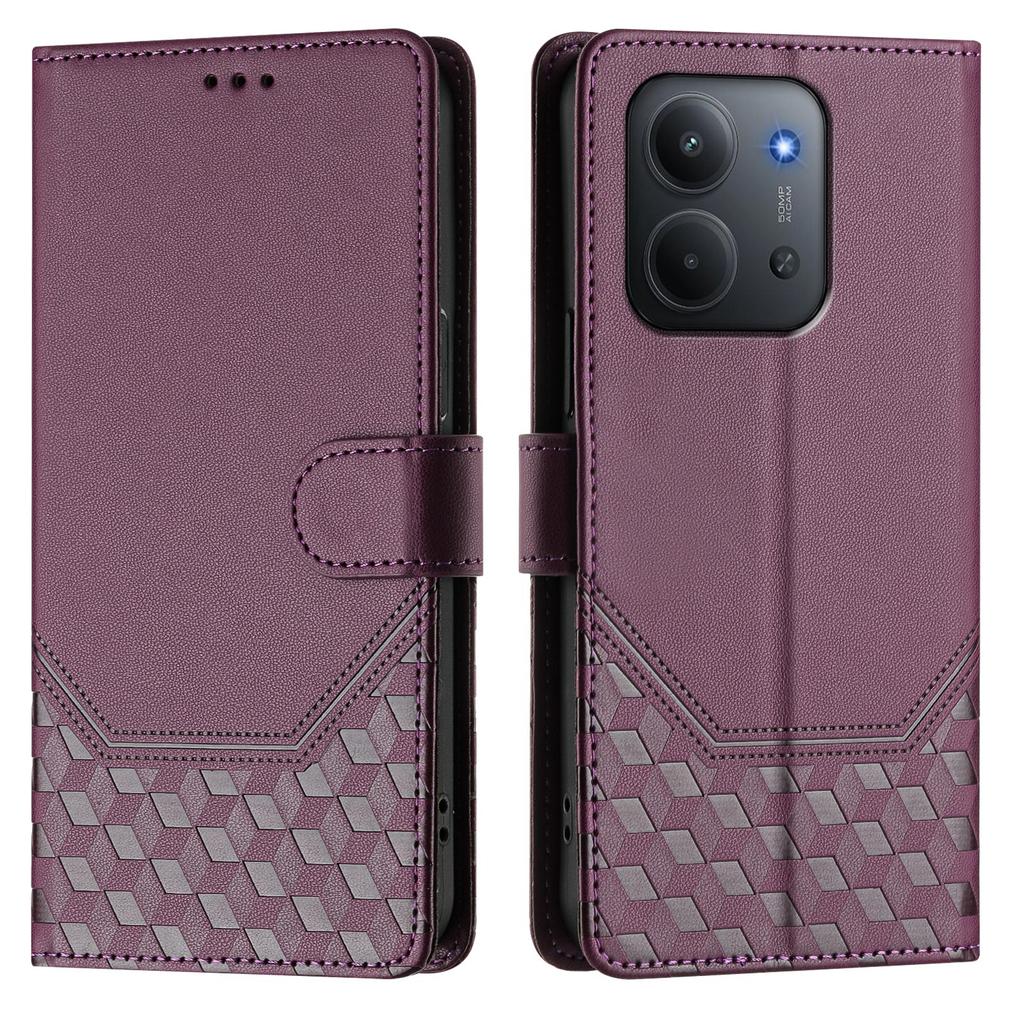 Für Xiaomi Redmi 15C 5G (EU) (173 mm)/Xiaomi Redmi 15C 4G (EU) (173 mm) Hülle mit geprägtem Wabenmuster, RFID-Blockierung, Leder-Handyhülle mit Riemen