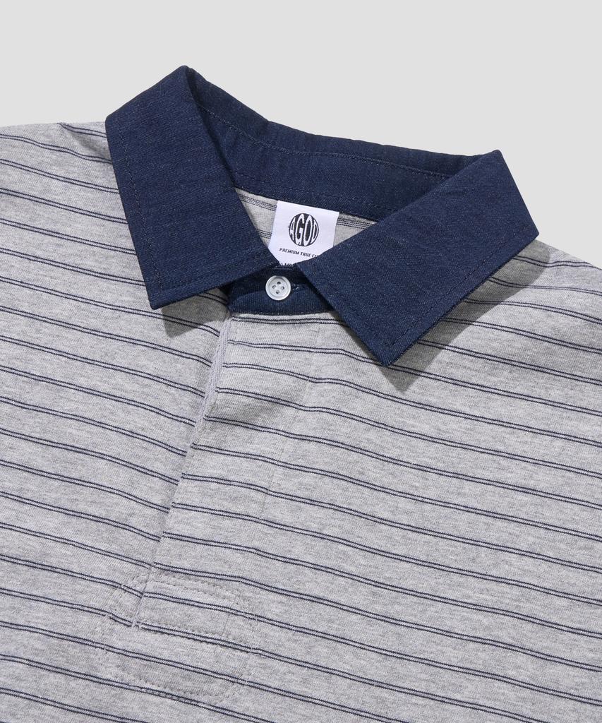 AGOD Contrast Denim Collar Stripe Half T-Shirt [Gray]