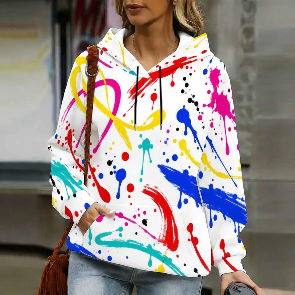 Women Plus Size Colorful Paint Splash Print Long Sleeve Drawstring Hoodie With Kangaroo Pocket