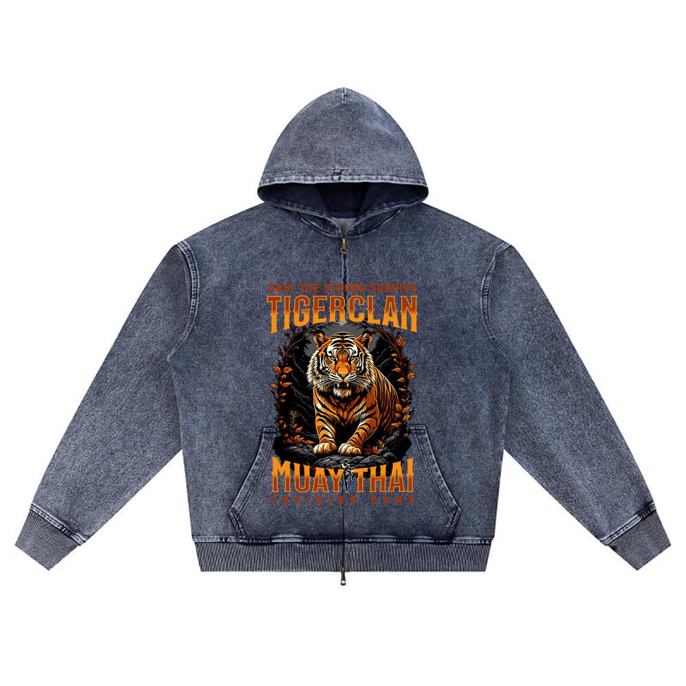 DTG print Knitted Denim Zip-Up Hoodie Tigerclan Training Camp Brother Print Zipper Hoodies  