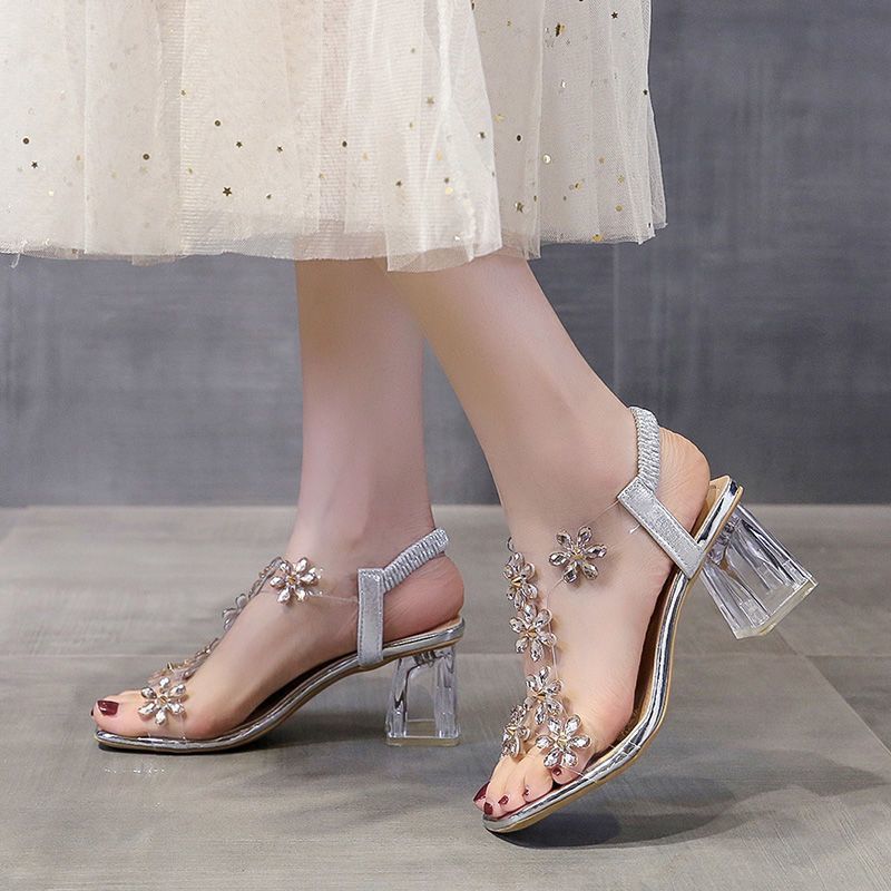 Rhinestone sandals new women's summer crystal thick heel with transparent square head high heels