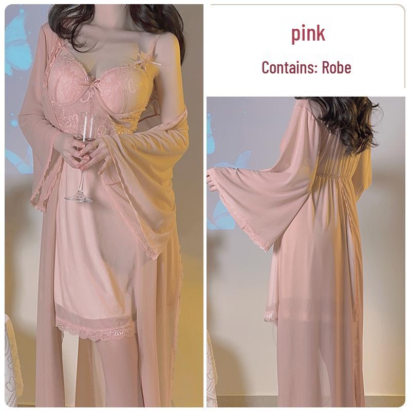 Elegant Underwire Camisole Nightgown with Chest Pads & Robe Set for Women