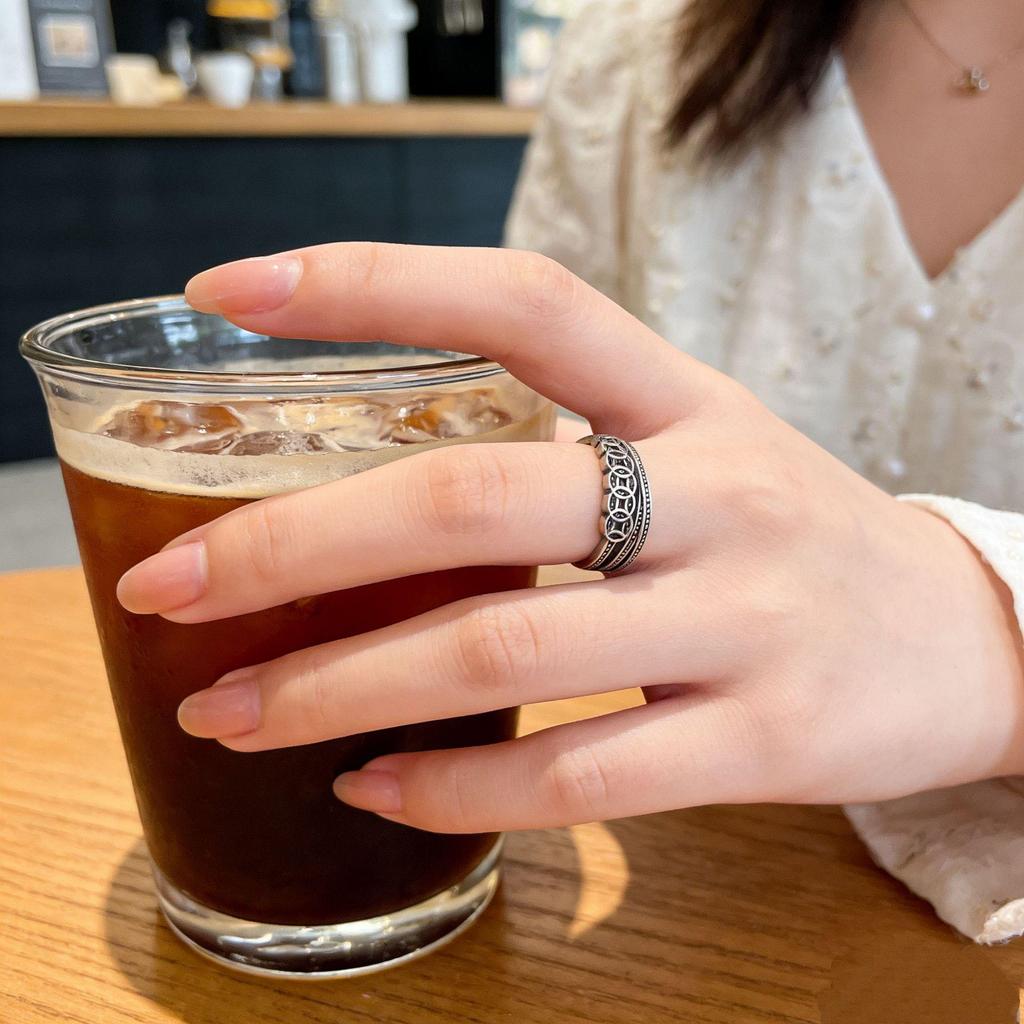 Ethnic Silver S925 Women's Ring: Retro Chinese Style with Wealth-Attracting Five Emperors Coins