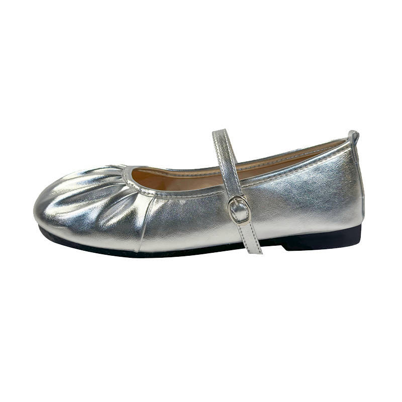 French Silver Evening Mary Jane Women's Shoes 2025 Spring and Autumn New Flat-bottomed Pleated Ballet Grandma Shoes Single Shoes