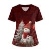 Women's Short Sleeved Christmas Printed V-neck Buttonable Side Slit Top T-shirt