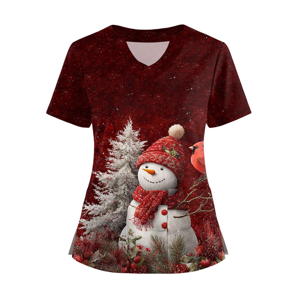 Women's Short Sleeved Christmas Printed V-neck Buttonable Side Slit Top T-shirt
