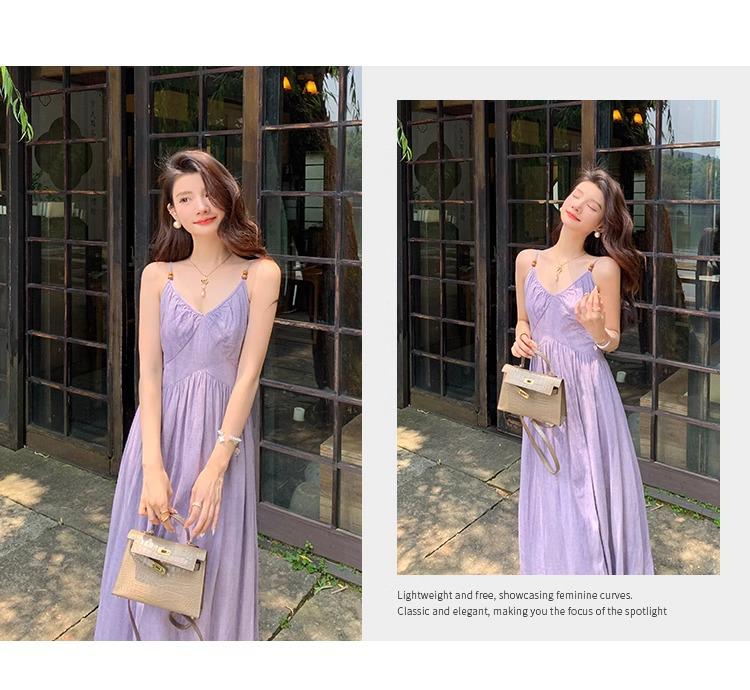Dopamine Stunning Purple Spaghetti Strap Waist-Cinching Dress for Women's Summer Seaside Vacations