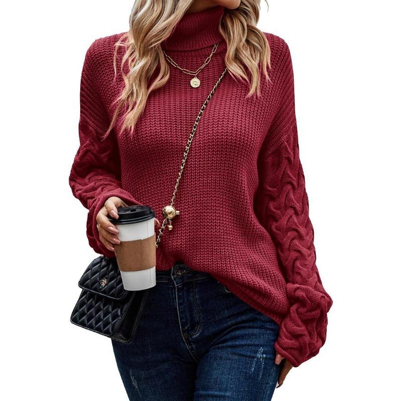 Übergröße Pullover Mode Hoher Kragen Locker Zopf Langarm Damen Strickware
