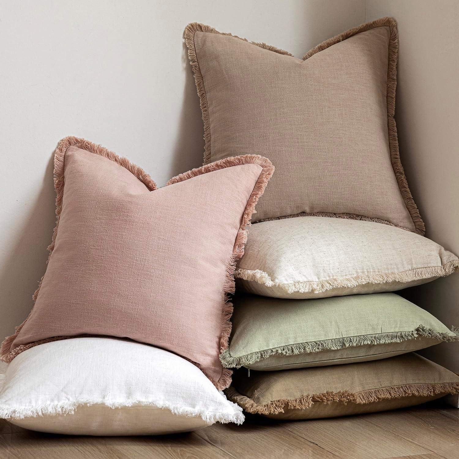 Jmg Clothing Unisex Light/Pink 20X20 Inch Linen Fringe Throw Pillow Covers Boho Farmhouse Cushion Cover With Tassels Couch Living Room Pillowcase
