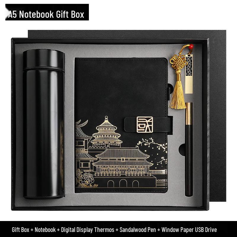 Chinese Style Thermos & Gift Set Digital Thermos, 16GB U-Disk, Wooden Pen