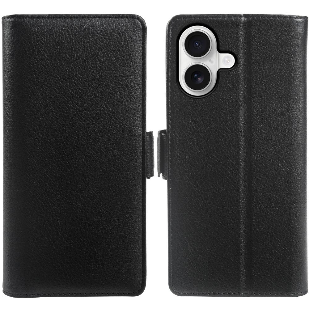 For iPhone 16 Wallet Case with Dual Magnetic Clasp Litchi Textured Leather Flip Stand Phone Cover