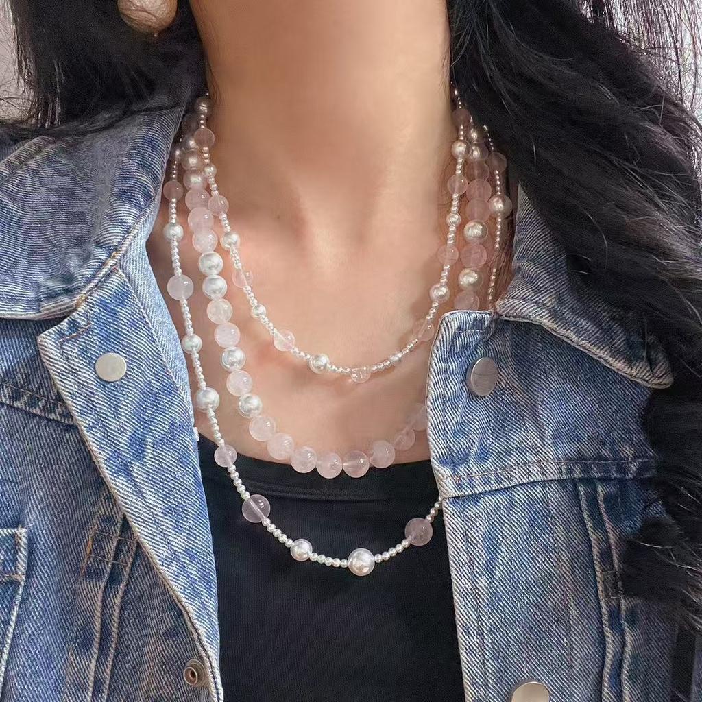 Vintage Spring Powder Crystal Artificial Crystal Pearl Multi-Layer Design Clavicle Chain Necklace Sweater Chain