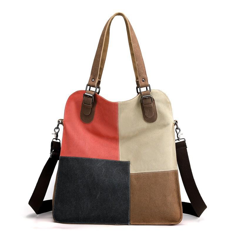 

Fashionable One-shoulder Crossbody Bag Retro Stitching Handbag Women s Large-capacity Canvas Contrasting Color Female
