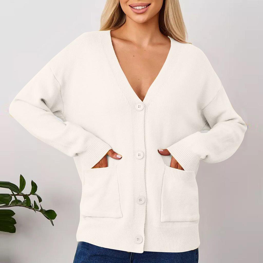 Suéter tipo cárdigan informal de color liso para mujer con bolsillos para abrigo de mujer