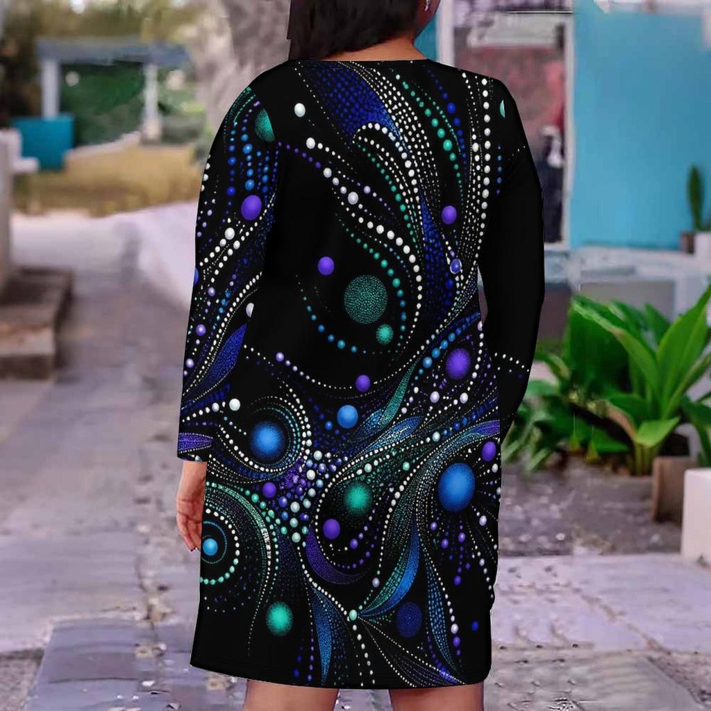 Women Plus Size V Neck Long Sleeve Printed Fitted Straight Dress White Black