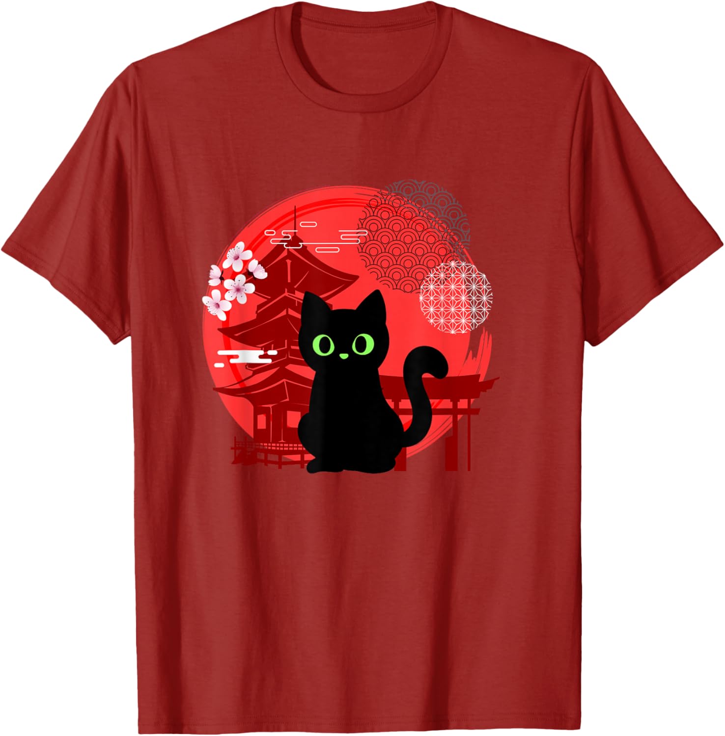 Cute Black Cat Japanese Temple Graphic T-Shirt Anime Lover Sakura Print Casual Crewneck Tee S