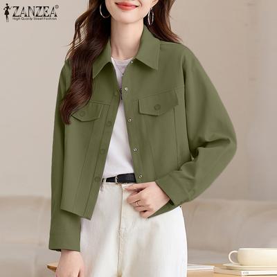 Women Casual Turn Down Collar Long Sleeve Plain Blouse
