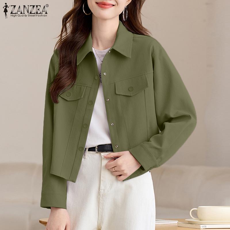ZANZEA Women Casual Turn Down Collar Long Sleeve Plain Blouse