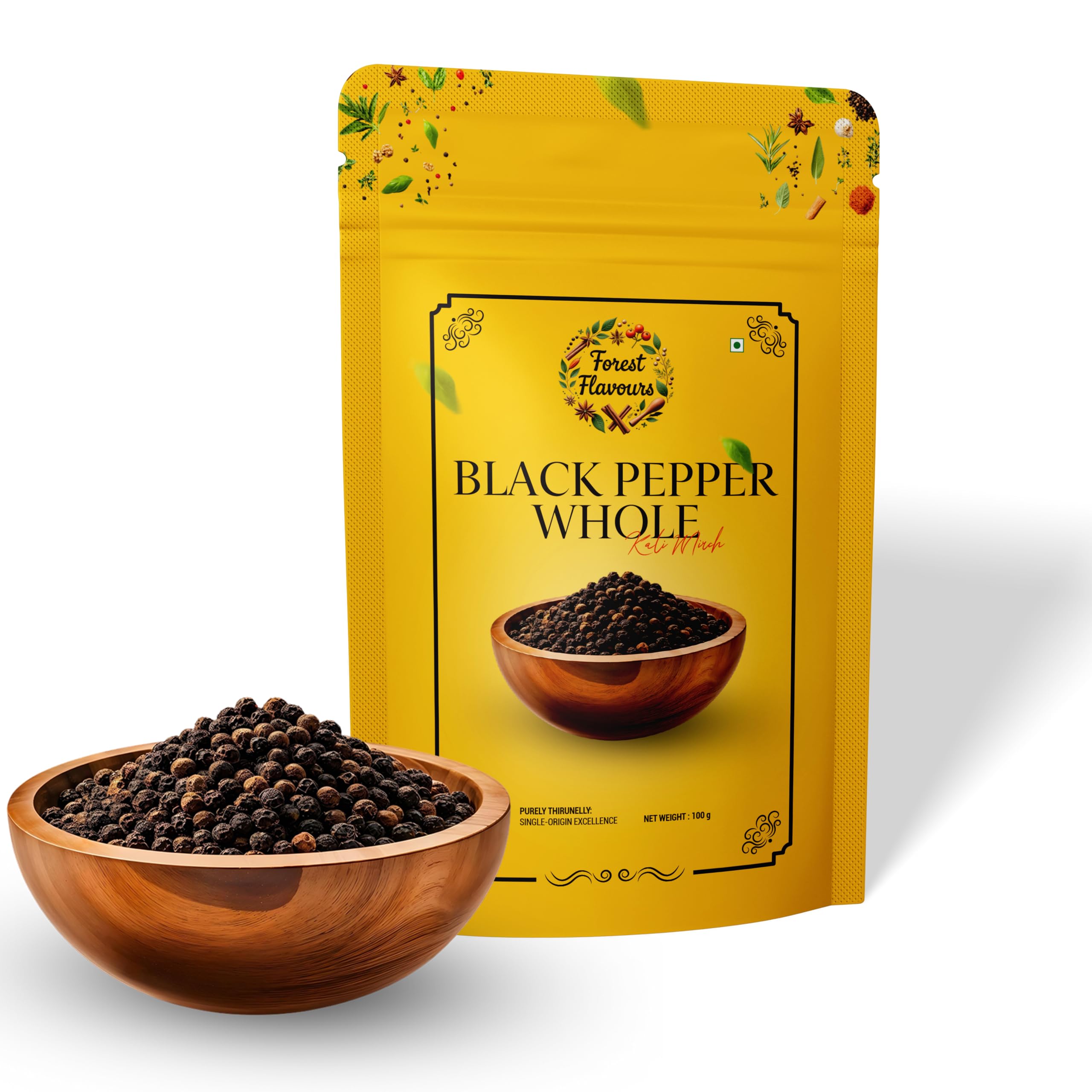 

Forest Flavours Black Pepper (Kali Mirch) Whole 100g | 100% Natural Sabut Kali Mirch with Bold Flavor & Fresh Aroma | Premium Peppercorns for Coo