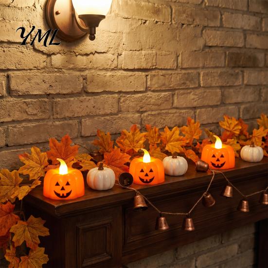 Battery Operated Pumpkin Lamps 2Pcs Halloween Flameless Candles, LED Candle, Decorative Candles Candy Bag Fillers for Light, 3D Tealight Thanksgiving
