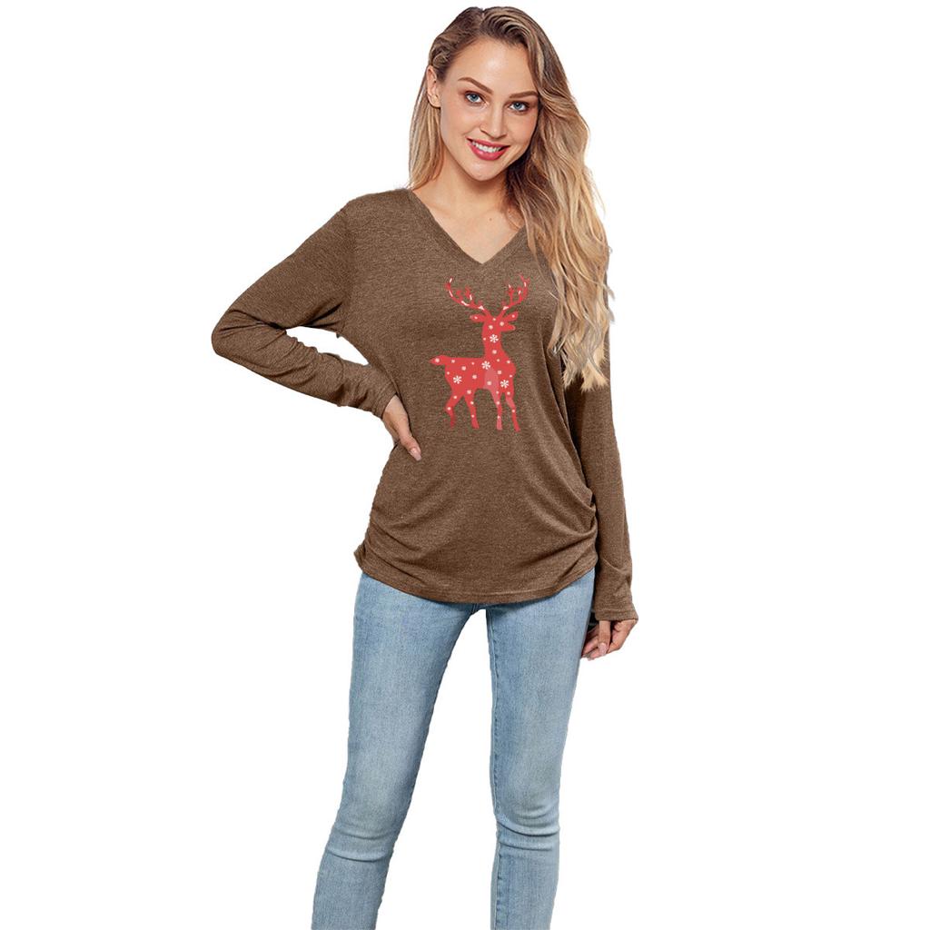 HNXC Solid-color Christmas Snowflake Spotted Deer Print Casual Long-sleeved T-shirt for Women