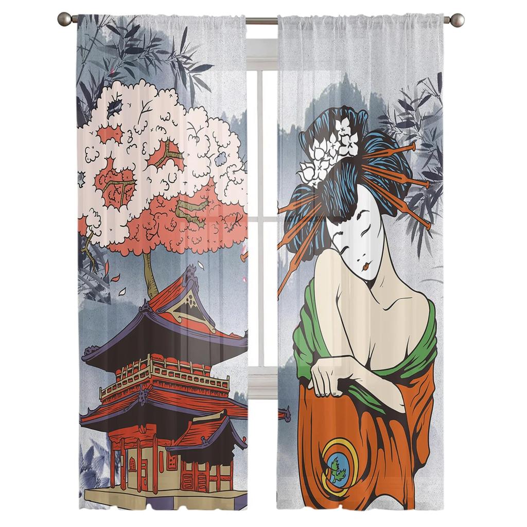 Japanese Geisha Tulle Curtains For Living Room Bedroom Decor Chiffon Sheer Voile Kitchen Window Curtain