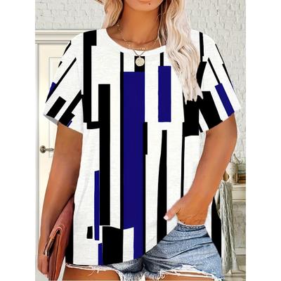Casual Vacation Comfortable and Elegant Style Geometric Pattern Simple Element Printed Pattern Women's Round Neck Large Size Short-sleeved T-shirt