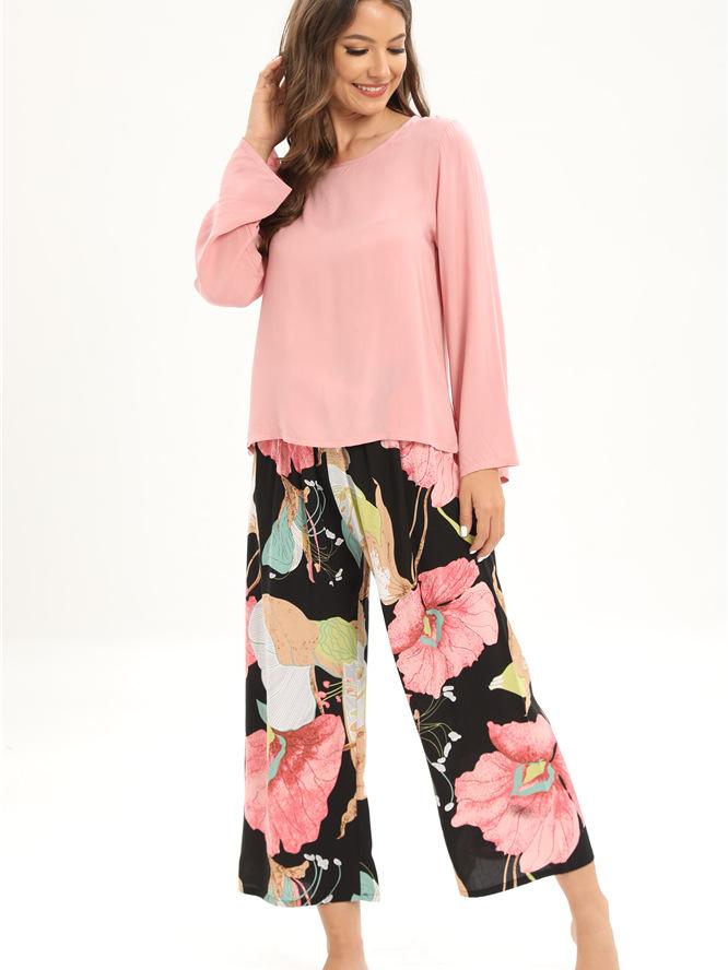 Women's Fashion Casual Loungewear Long Sleeve Long Pants Pajamas Set 2 Piece Printed Loose Home Wear