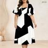 Women Plus Size Two Piece Dress Set Black White Geometric Printed Batwing Sleeve Cropped Shrug Strappy Flared Dress