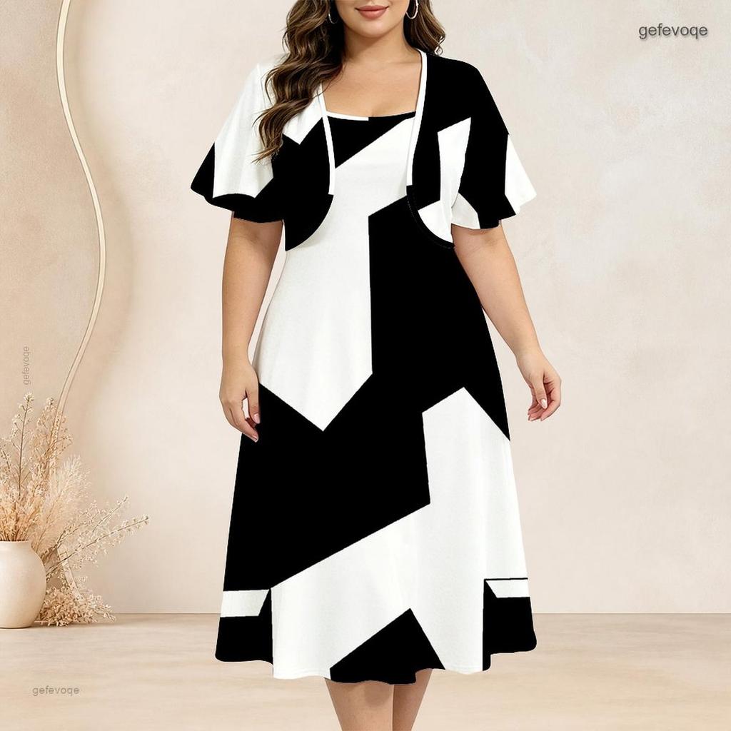 Women Plus Size Two Piece Dress Set Black White Geometric Printed Batwing Sleeve Cropped Shrug Strappy Flared Dress