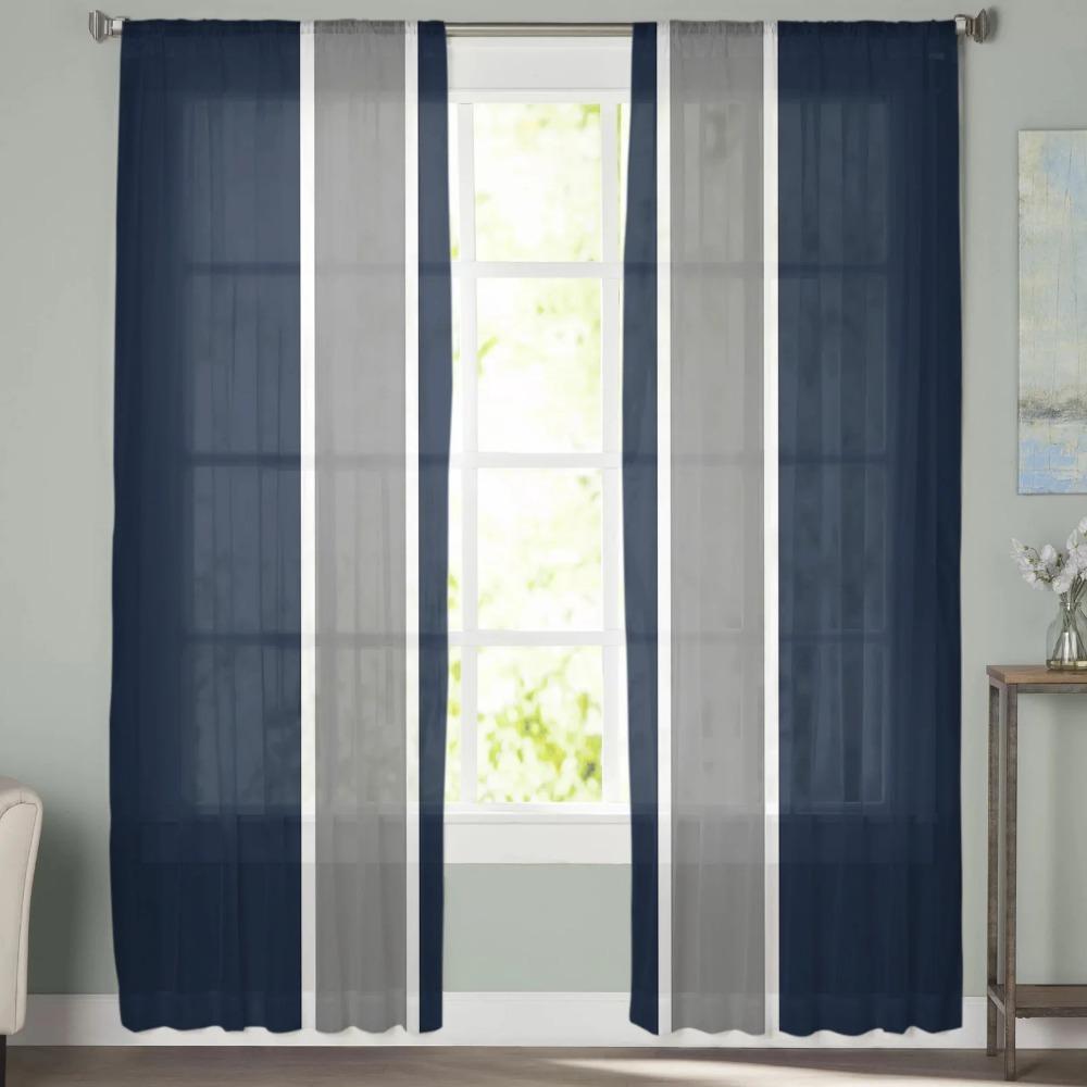Geometric Blue Stripe Chiffon Sheer Curtains Used for Family Rm Room Area Bedroom Home Decoration Window Voiles Tulle Curtain