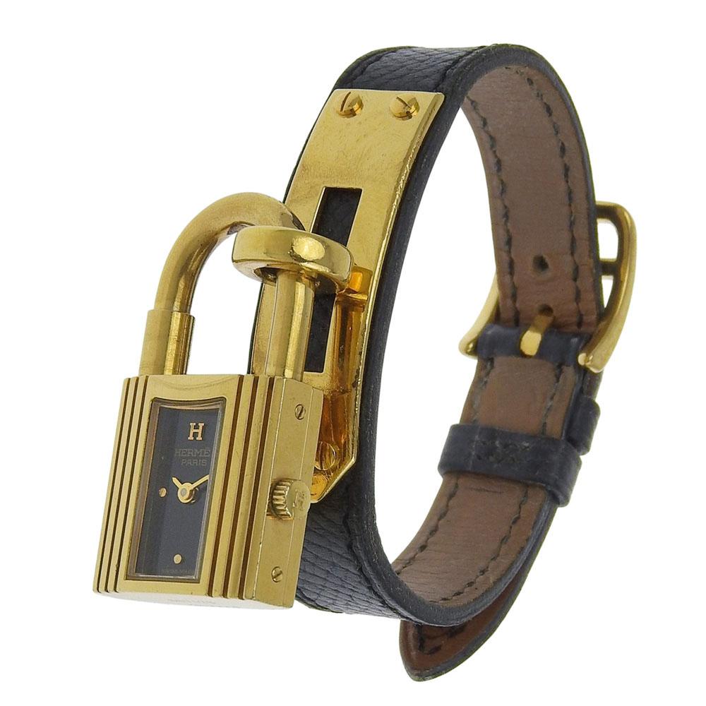 HERMES Kelly watch Watches blackDial Plated Gold/leather Quartz Analog display Women Used
