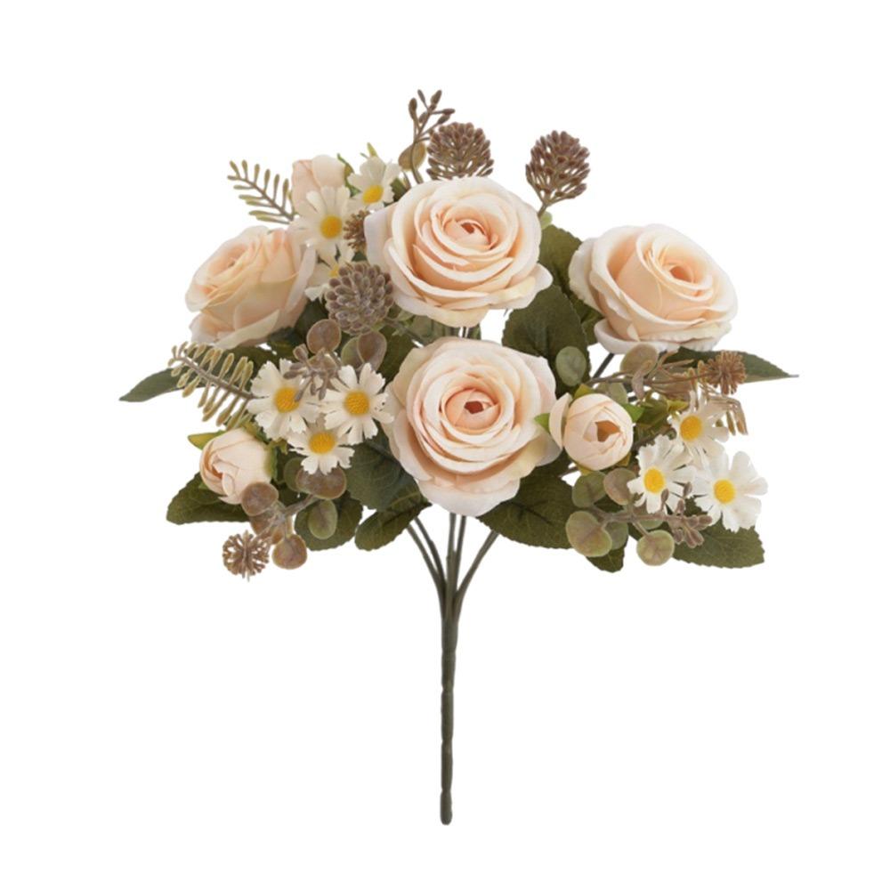 Multicolor Rose Artificial Flowers Green leaves Silk Petals Faux Daisy Flower Scene Landscaping Bridal Bouquet Decorative Flower
