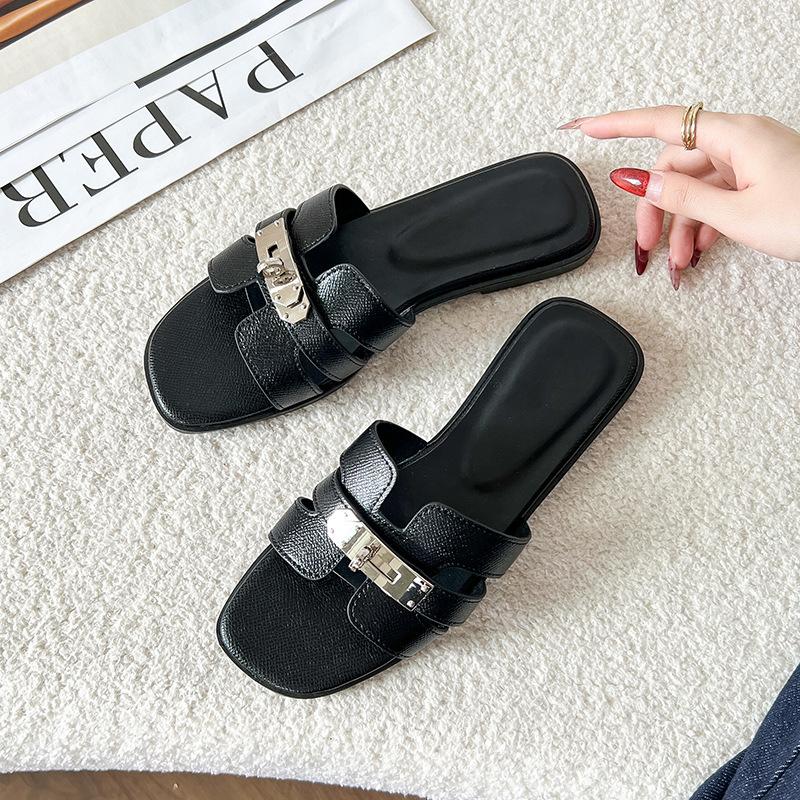 Sheepskin version~ French slippers women's fashion beach vacation 2025 new summer wear one-word flat bottom sandals