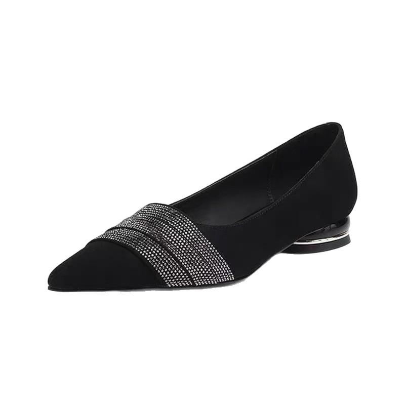Herbst vielseitig matt spitz zulaufend Mode Temperament schwarz Arbeitsschuhe Strass niedriger Absatz Strass flacher Ausschnitt Einzelne Schuhe Damen