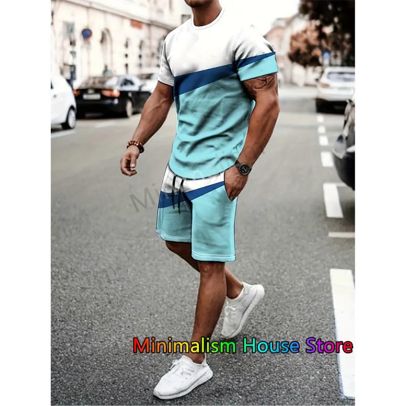 

Новые летние мужские спортивные комплекты в полоску, футболка с короткими рукавами, свободные шорты, тренировочный комплект из двух предметов, мужская одежда 2XL