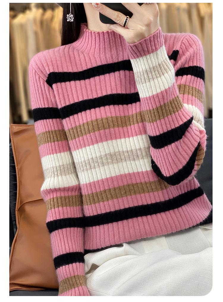 Pull Haut Col Rayé en Cachemire Tricoté pour Femme - Amincissant, Coupe Ample pour l'Automne et l'Hiver