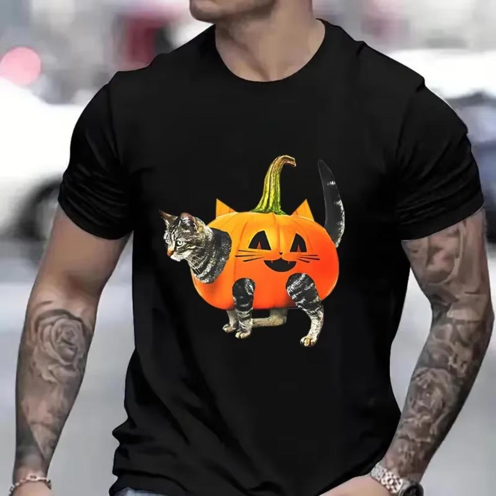 Summer Men Funny Street Personality Fun T-Shirt Fashion O Collar Short Sleeve Casual Top Halloween Pumpkin Cat Print Clothing