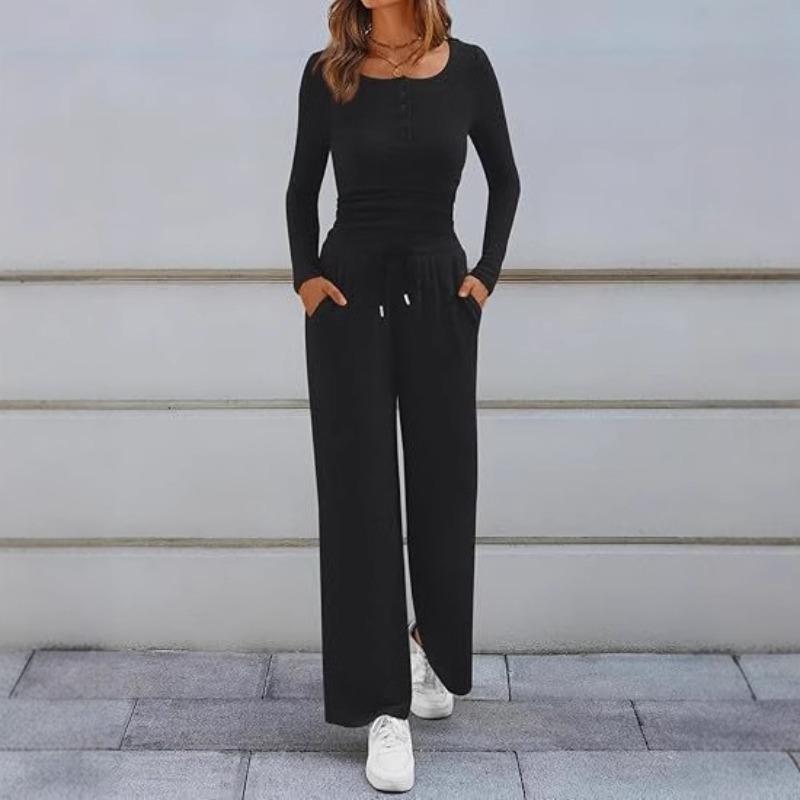 New Fall Sports Set Solid-Color Top and Wide-Leg Pants Two-Piece Set for Women
