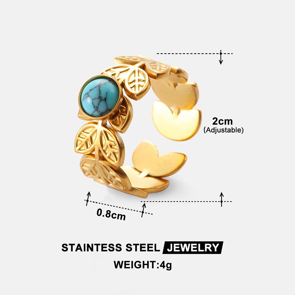 Bohemian Style Adjustable Turquoise Leaf Ring - Stainless Titanium Steel, Non-Fading