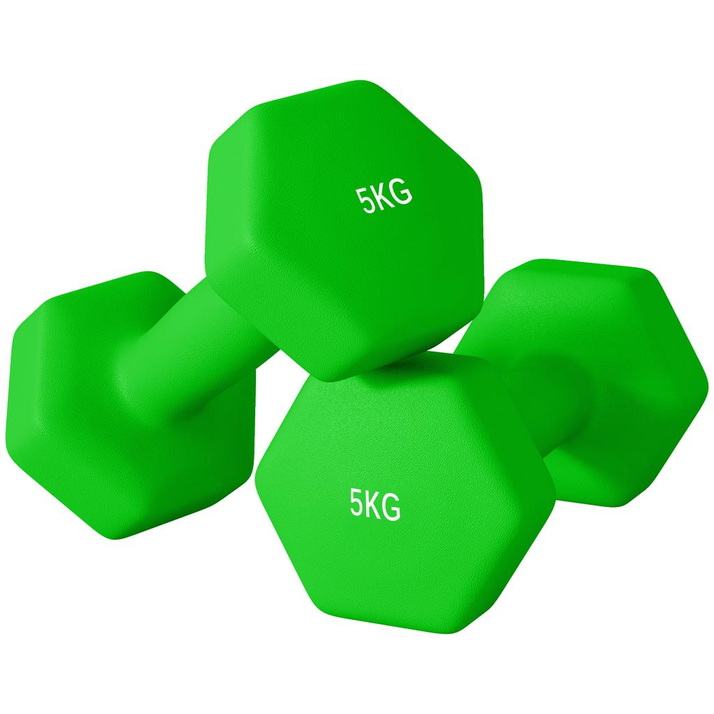 2 x 5kg Hexagonal Dumbbells Weights Set with Non-Slip Grip for Home Gym Workout, Green