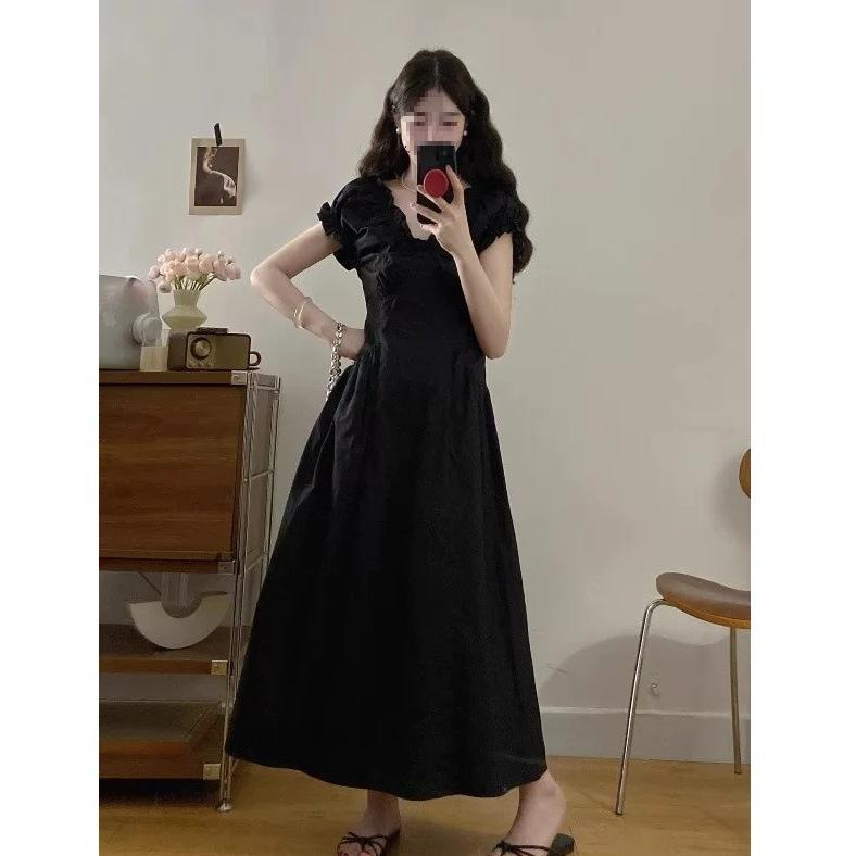 French Hepburn Style Bubble Sleeves V-neck Summer Dress High-end Temperament Women's Waist A-word Long Dress Wholesale