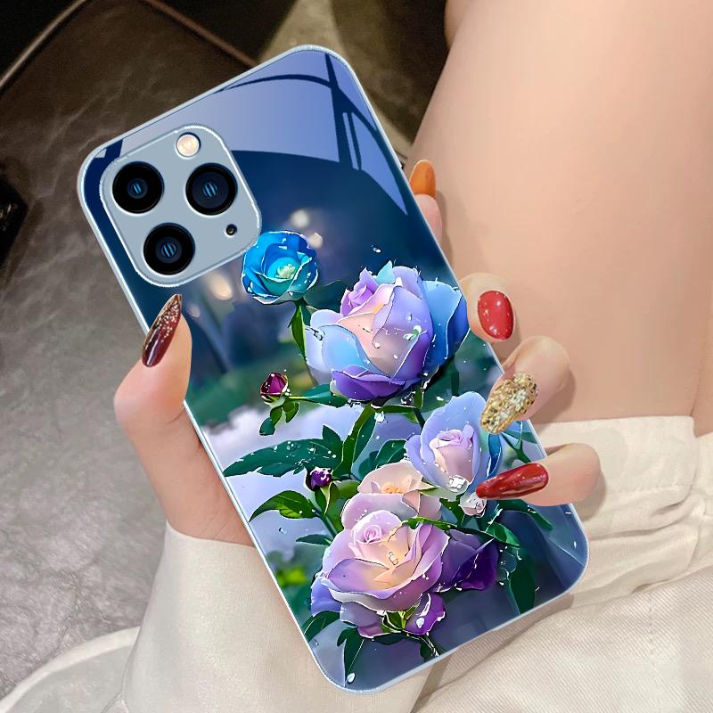 Black Tempered Glass Phone Case For IPhone 15 Pro 14 13 12 Mini 11 XS Max XR 7 8 Plu SE 2020 2022 Ink Mountain Camellia