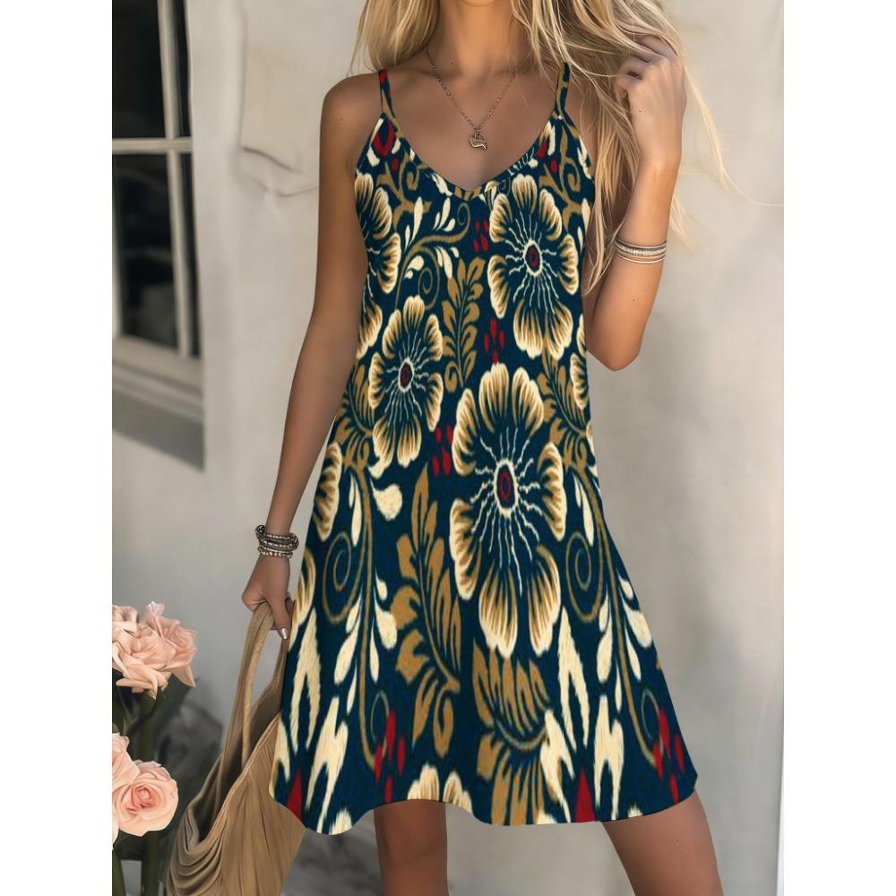 Women's Casual Bohemian Style, Summer Deep V-Neck Spaghetti Strap Midi Dress