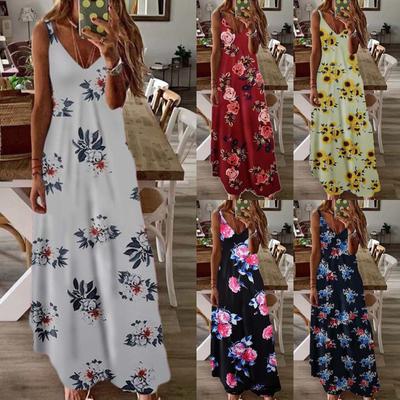 Women's Sleeveless Loose Printed Dresses Casual Long Dress With Pockets